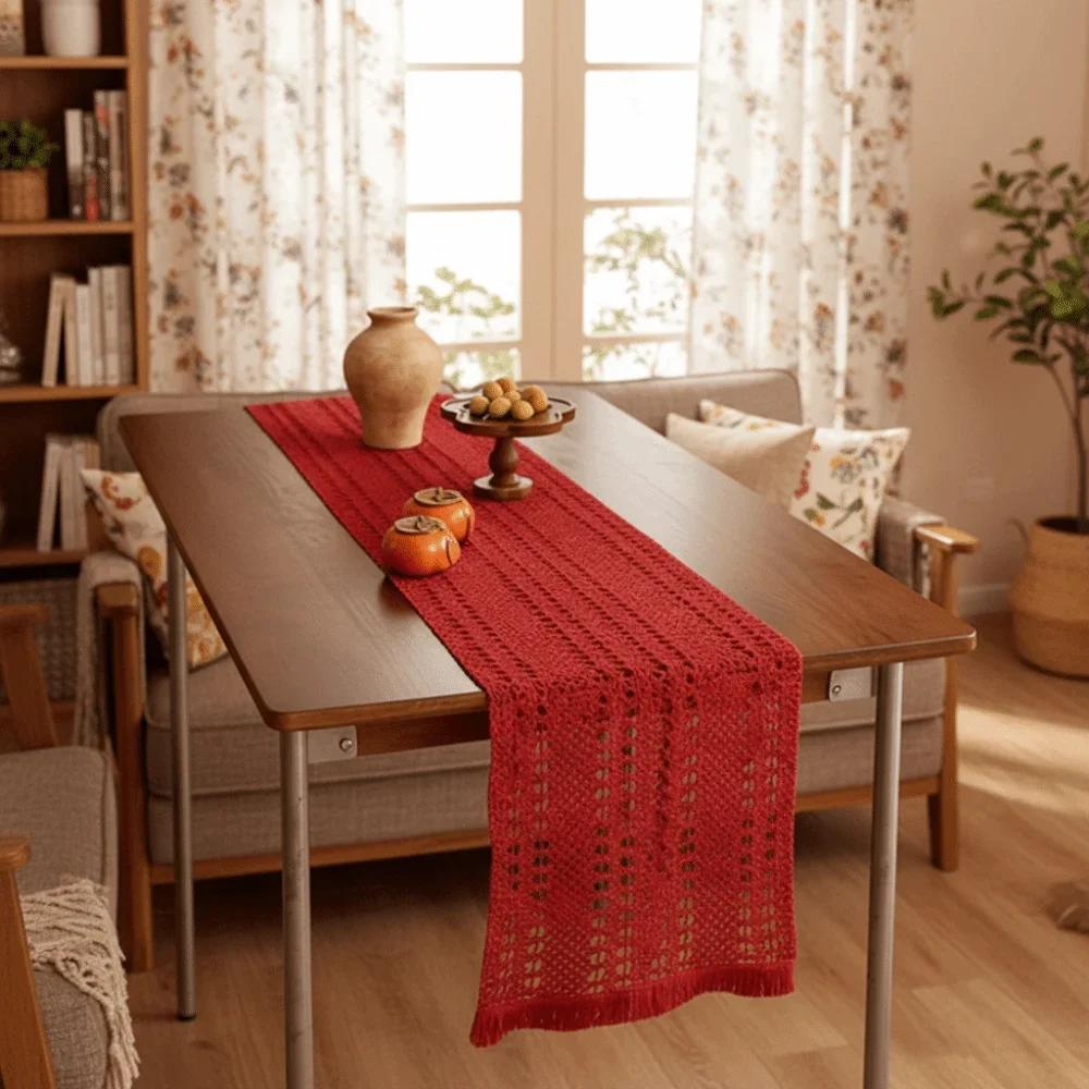 Traditional Chinese New Year Table Runner Long Strip Decorative Red Tablecloth Vintage Elegant Table Cover Festive