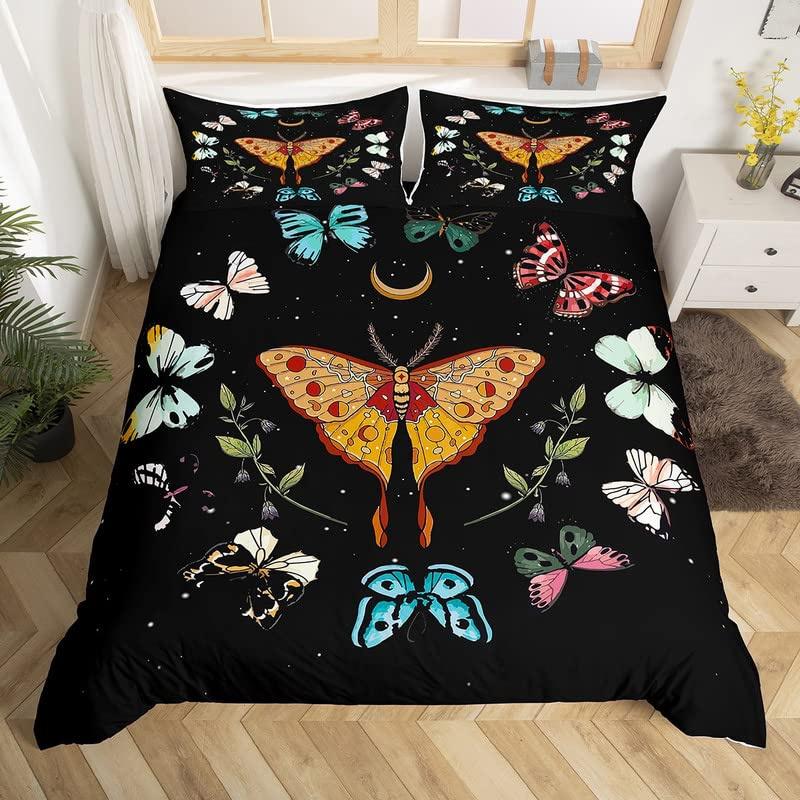 Butterfly And Death Moth Duvet Cover Queen Gothic Skull Flower Star Sky Moon Bedding Set Polyester Boho Exotic Black Quilt Cover
