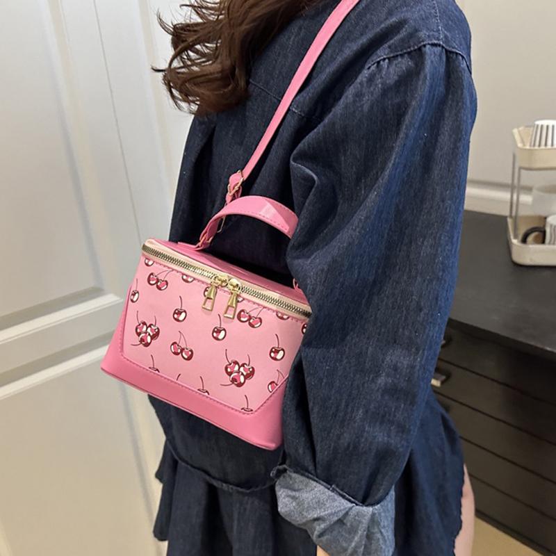 Chic Small Square PU Bag with Cherry Design Women's Trendy Crossbody Bag Sophisticate Commuter Handbag