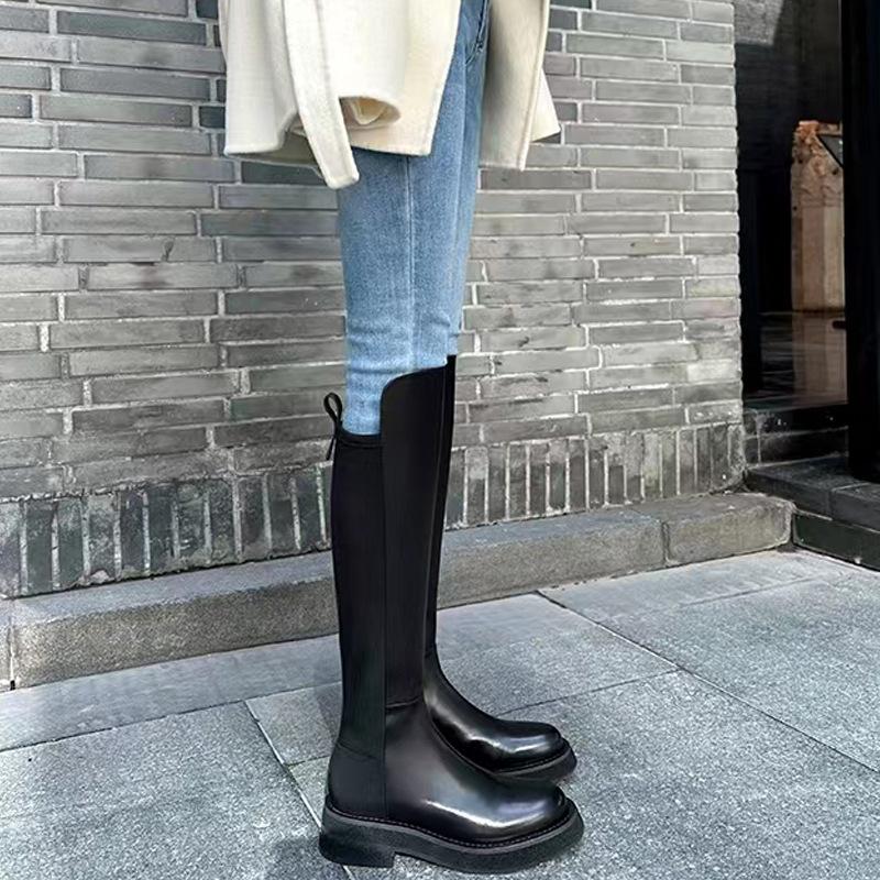 Cowhide version~ Genuine leather but knee boots women's thick-soled thick heel side zipper straight high boots slim knight boots
