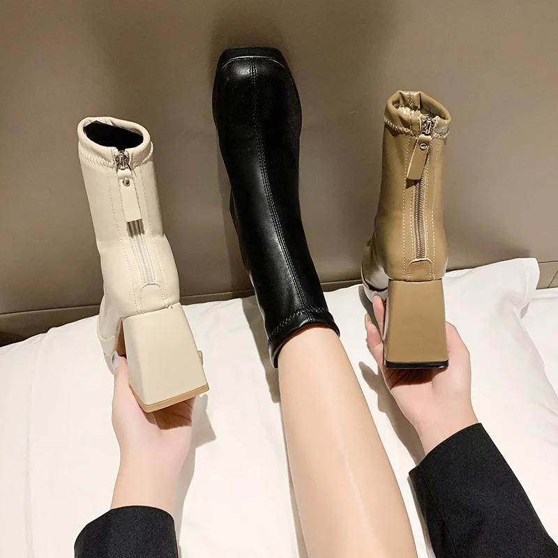 Fashion Vintage French Style Women's Short Boots with Thick Heels Spring Summer Single Boots Elastic Short Tube Slimming White High Heel