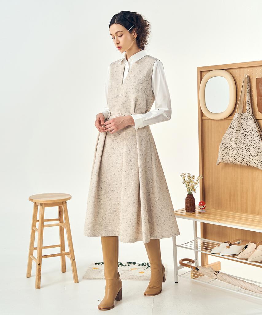 Pelimela Twill Two-Piece Long Dress Belt Set (Beige)