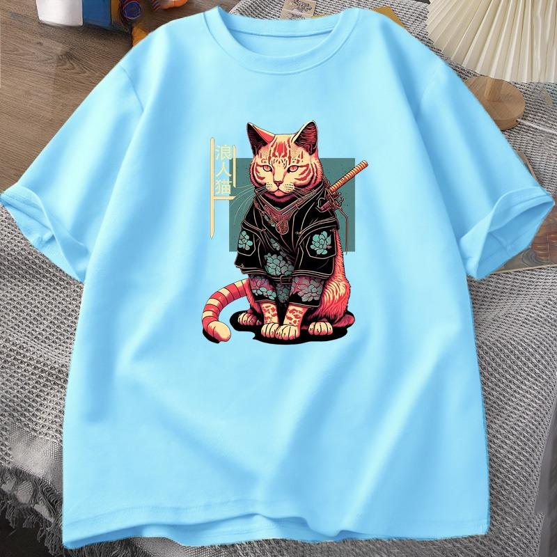 Japanese Samurai Cat Tattoo Graphic T Shirt Kawaii Ninja Cat TShirt Print Cotton Short Sleeve Tshirt Unisex Clothing Top Camisetas