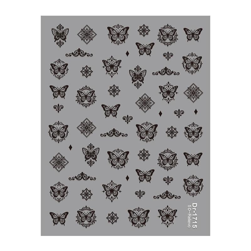 Embossed 5D Butterfly Nail Stickers - Chinese Style Black & White, Model DR1715