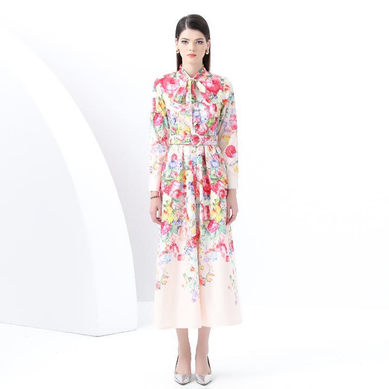 

Весна Лето Женщины Ретро Принт Однобортный Длина До Щиколотки Пляжные Платья Приморский С Поясом 2XL розовый