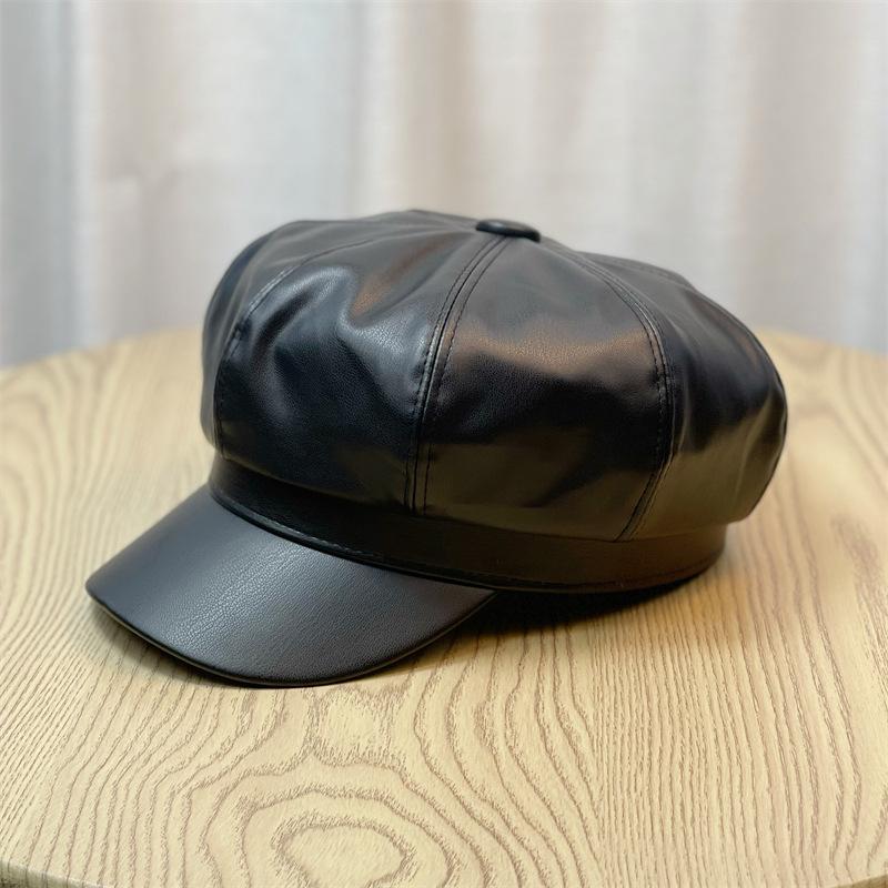 Autumn and Winter Women's Big Head Octagonal Hat Leather Painter's Hat Korean Version PU Large Peaked Cap British Versatile Beret Men's Winter