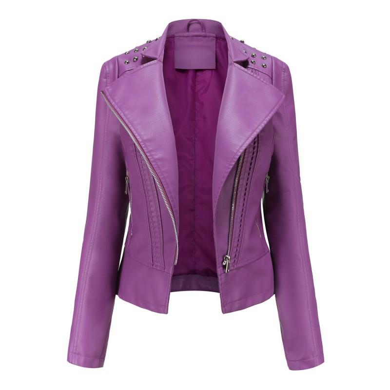 Womens PU Leather Jacket Street Style Casual Coat With Rhinestone Detail Long Sleeve Zipper Front