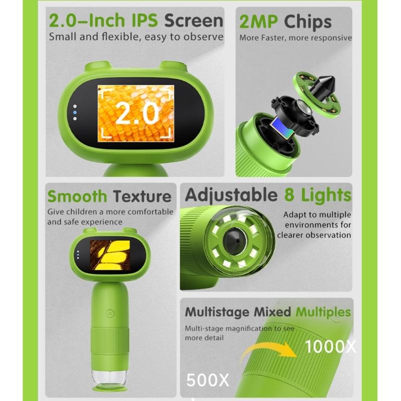 Children Handheld Microscope 1000X Zoom 2MP Sensors Camera Ergonomic Design Lightweight Microscope for Easy Carrying