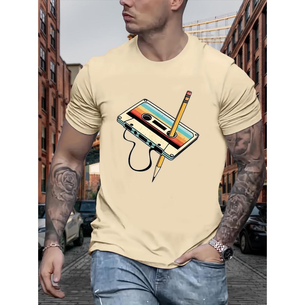 Retro Cassette Print T-Shirt - -Elastane Blend, Casual Crew Neck, Slight Stretch, Summer Knit Fabric Top for Men