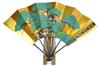 Tendai-style carved decorative fan with pine tree design and fan stand.