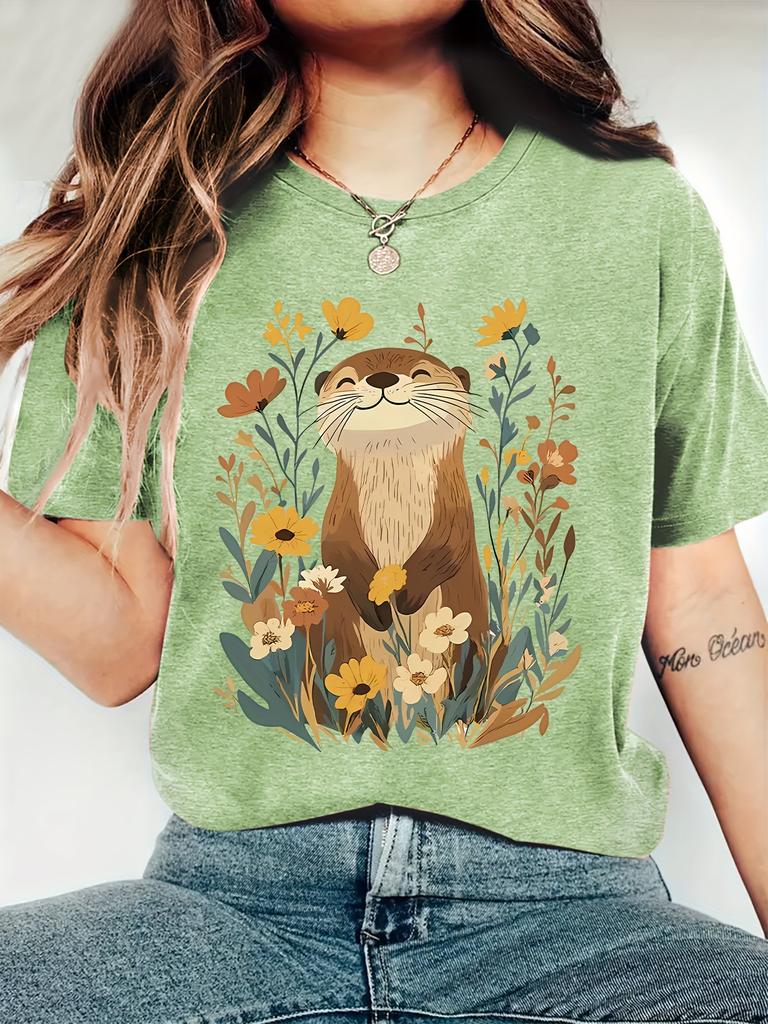 Cute Otter Floral Women's Tee - Nature Graphic, Casual Khaki Top