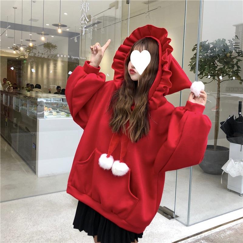 Herbst und Winter Koreanische Version des Neuen Kapuzen-Studenten Locker Verdickter Samt Weihnachts-Mantel Top