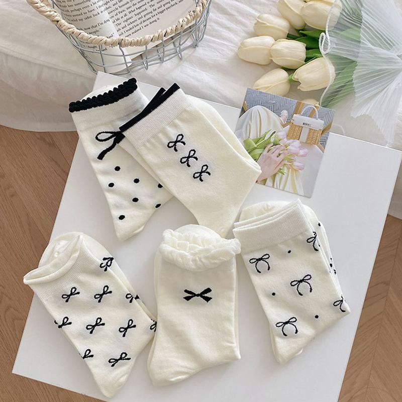 5 Pairs Women Bow Socks Spring Summer Autumn Winter Middle Tube Sock Thin Breathable Girls Cotton Socks Soft Comfortable Footwear