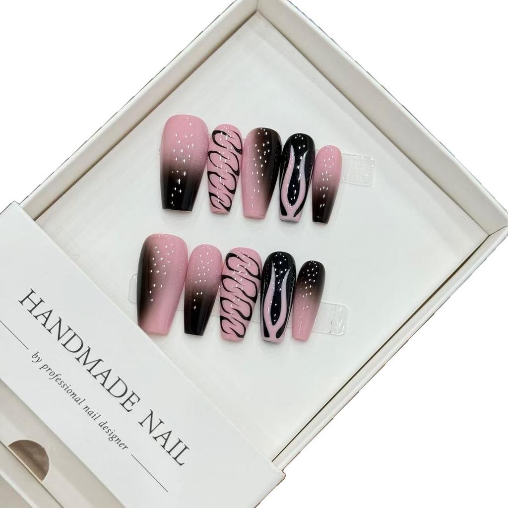 Handmade Cat Eye Coffin Almond French Coffin False Nails Pink 3D Flower Press Nail Sticker Design Acrylic Artificial Fingernails