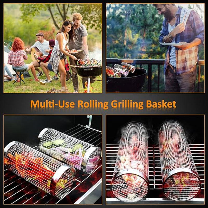 Round Barbecue Basket Stainless Steel Rolling Barbecue Basket Portable Round Outdoor Camping Barbecue Grill Vegetables, Fish