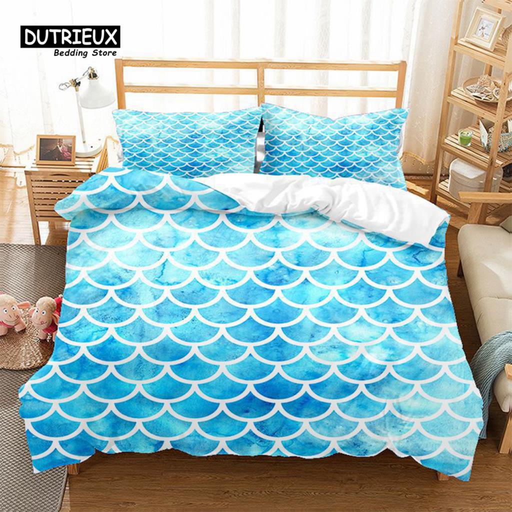 Mermaid Fish Scales Duvet Cover Magical Colorful Seamless Pattern With Fish Scale Net Print Bedding Set Microfiber Quilt Cover