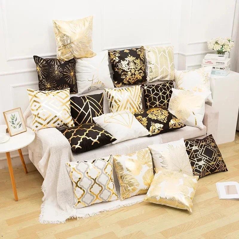 Modern Geometric Gold Bronzing Plants Leaves Cushion Cover Super Quality Polyester Pillow Cover Decorative Pillow for Sofa Chair