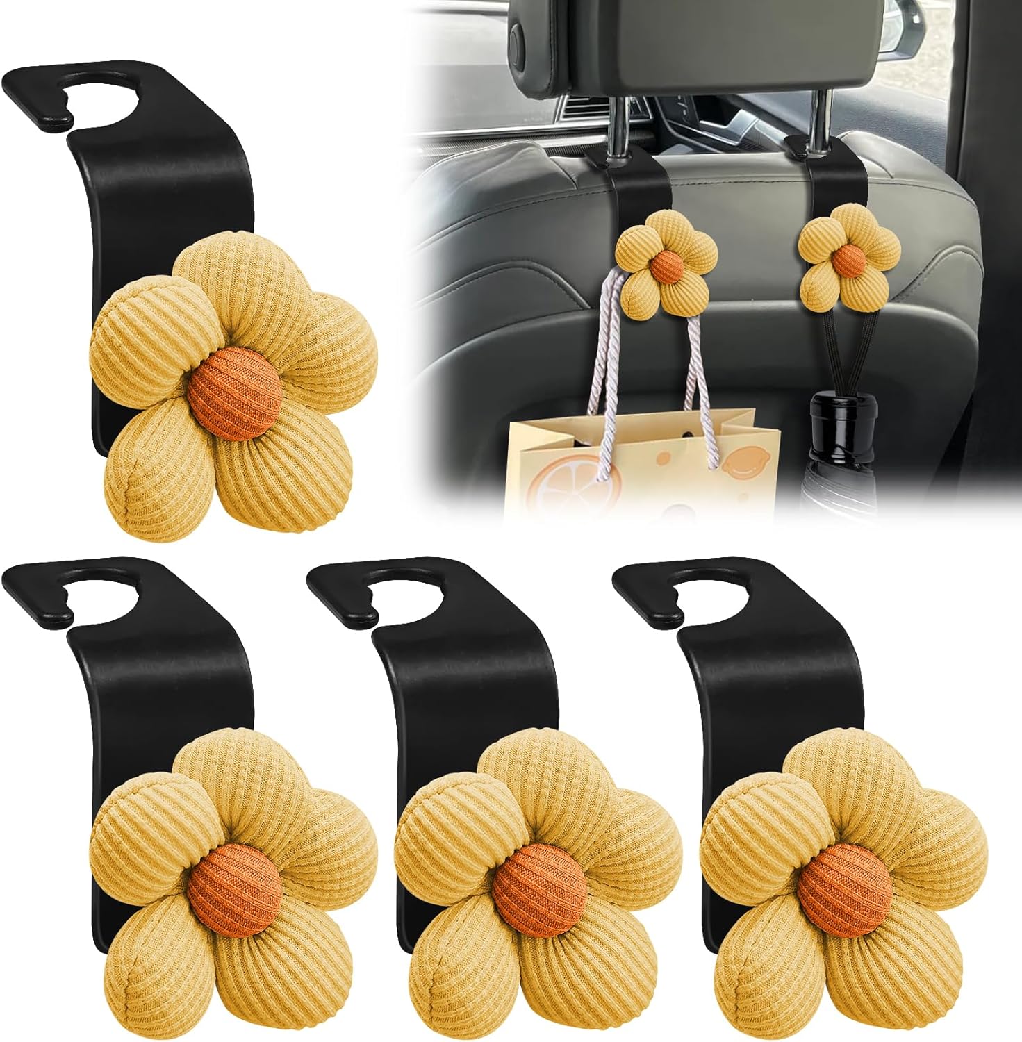 HABNVUON 4PCS Headrest Wallet Hooks, Cute Flower Automatic Seat Back Storage Bag, Portable Car Accessories жёлтый