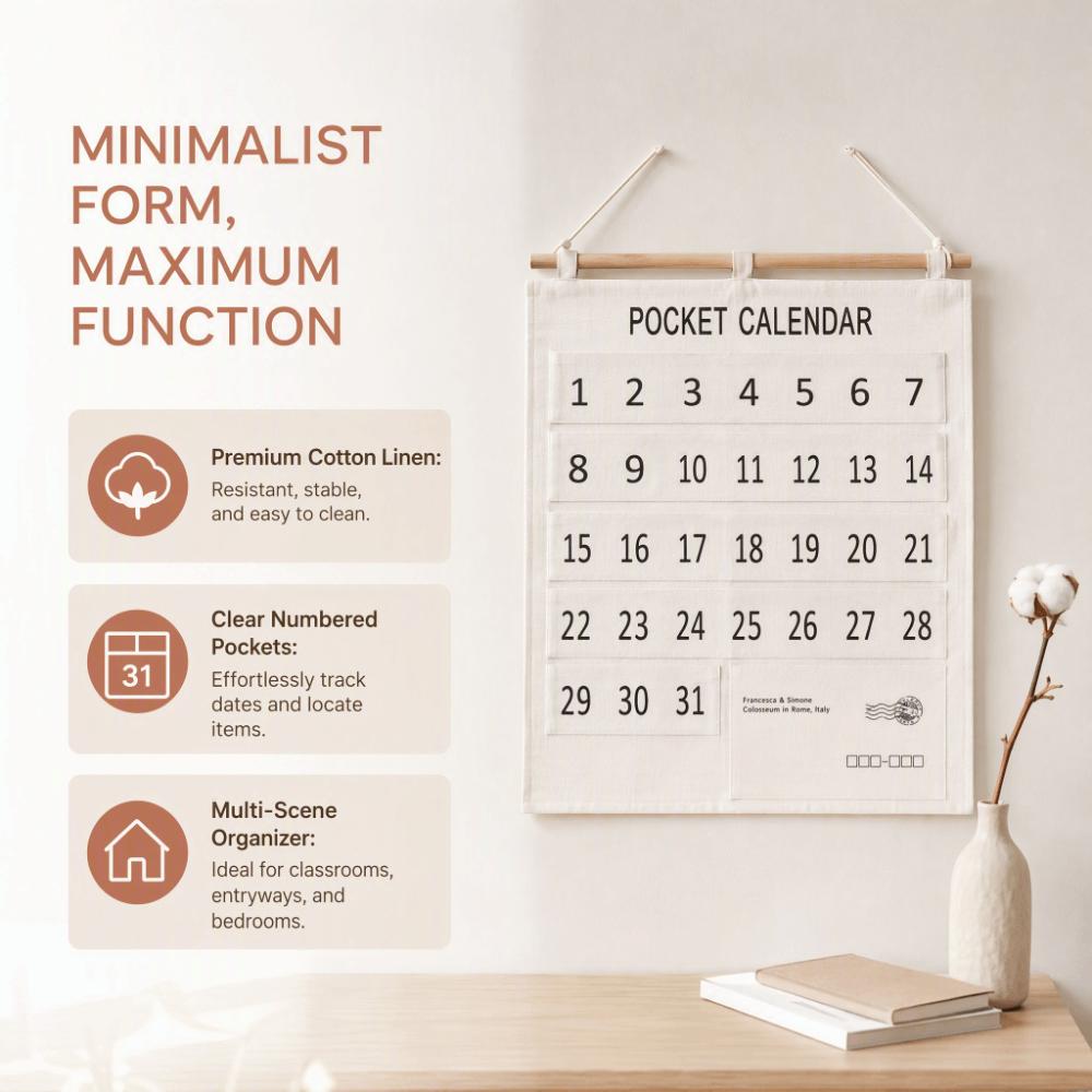 Large Size Calendar Pocket Chart Cotton and Linen Material Numbered Pocket Chart For Home Study