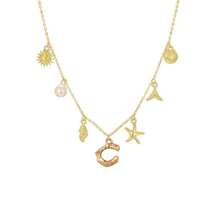 Ocean Theme Gold Charm Necklace with Initial Shells Letter Pendant Suitable for Surfer Girls and Beach Enthusiasts