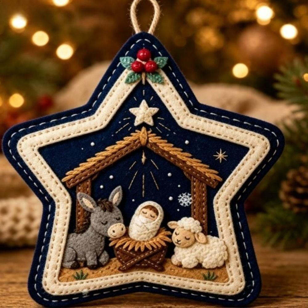Unique Star Shape Nativity Scene Felt Pendant Home Decor Cartoon Jesus Hanging Ornament Xmas Tree Christmas Tree Ornament Home