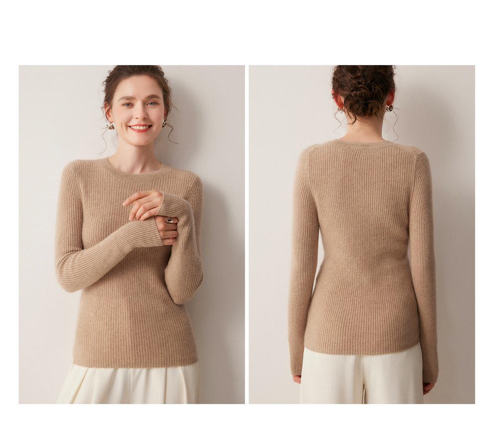 Autumn/Winter Women's Striped 100% Cashmere Round Neck Slim Knit Sweater