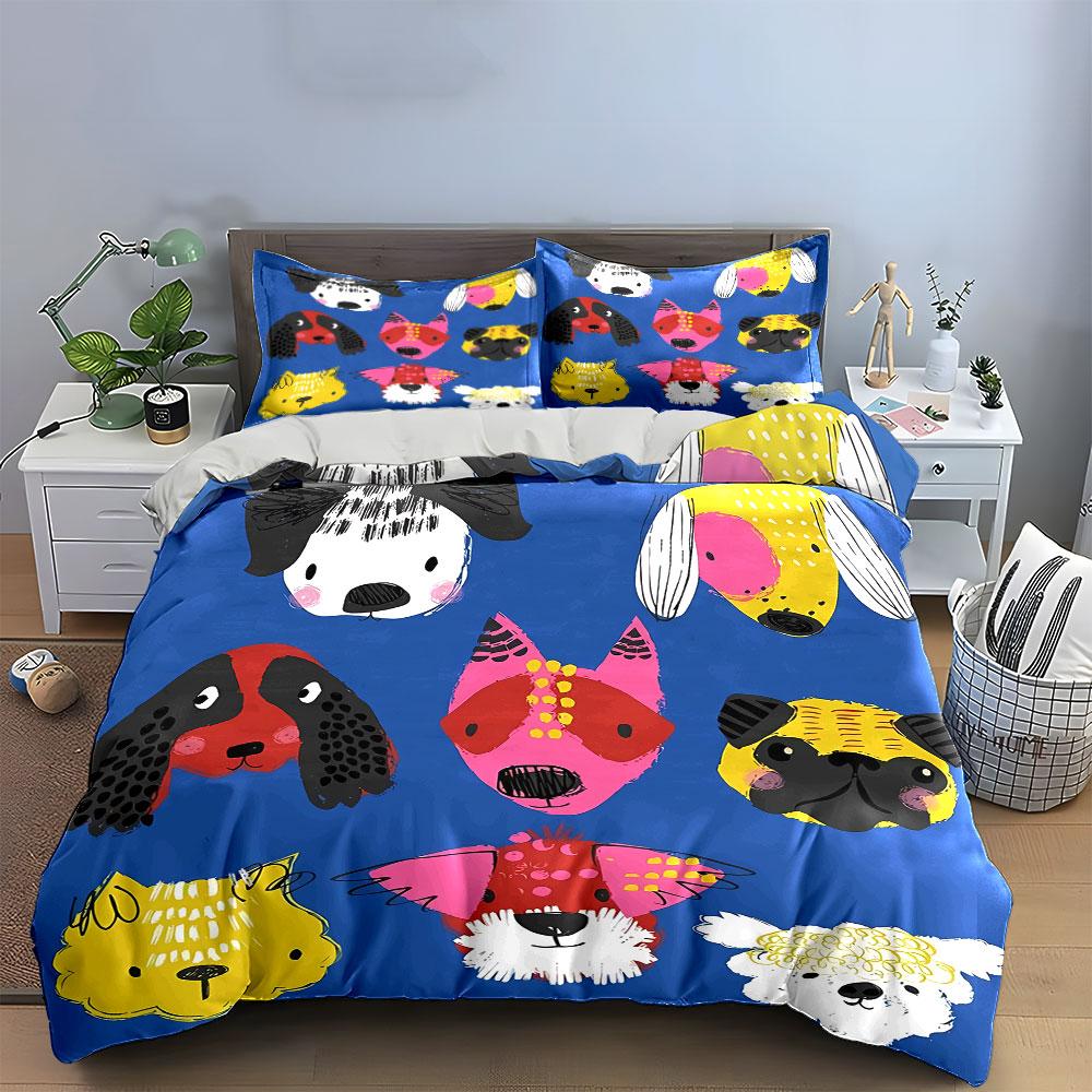 Colorful Dog Face Illustration Bedding Duvet Cover Set Duvet Cover Pillowcases (1*Duvet Cover 2*Pillowcases, without duvet insert)