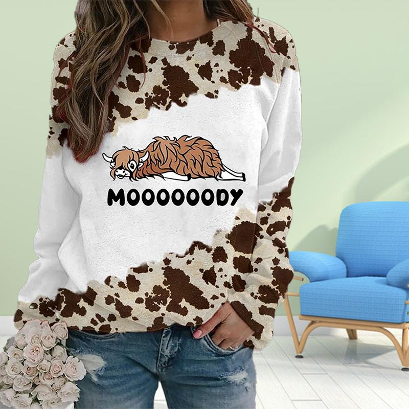 

Осенняя женская модная футболка с круглым вырезом и длинным рукавом, свободная одежда, футболка с принтом коровы для девочек, уличная одежда L белый