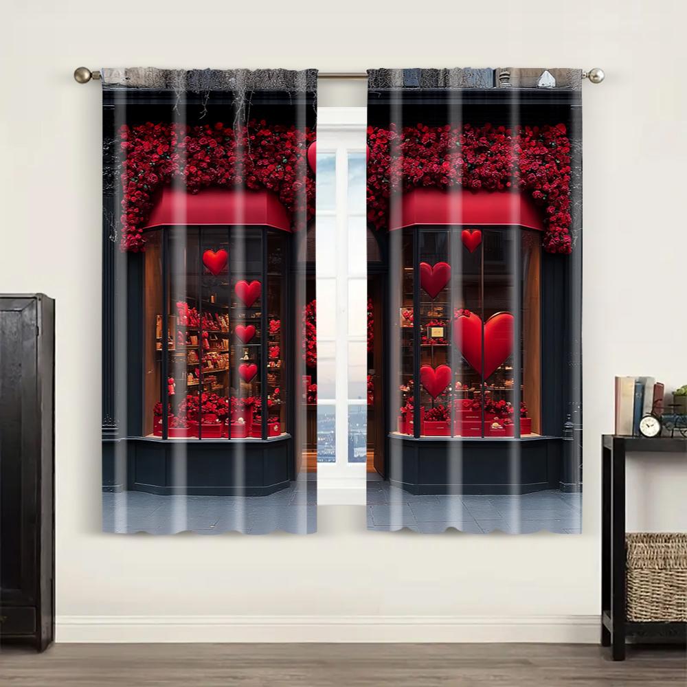 2pc,  Valentine's Day Window Treatment Curtains Romantic Confession Rose Fabric,Without Electricity Party Decorations Suitable