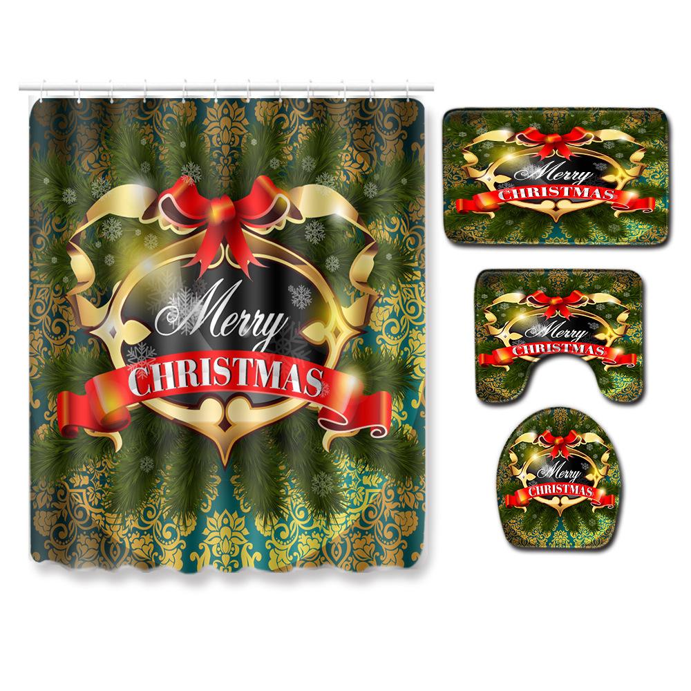 Christmas Shower Curtain Floor Mat Combination Four-Piece Set Bathroom Toilet Carpet Shower Room Mat Foot Mat