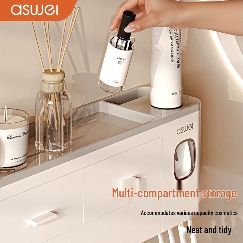 Drawer-Style Wall-Mounted Toothbrush Holder Set with Magnetic Suction Mouthwash Cup