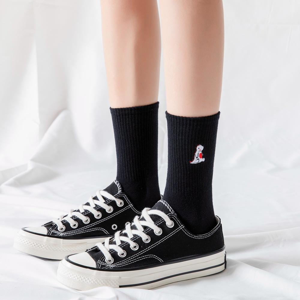 Embroidery Dinosaur Socks Fashion Woman Socks Korea Harajuku Style Kawaii Funny Cartoon Spring Autumn Female Socks Lovely Girl
