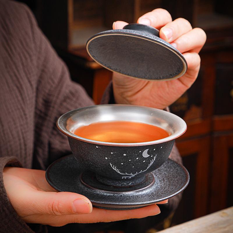 999Pure Silver Tea Set Ceramic Kung Fu Tea Set Tasting Cup Handmade Silver-Plated Tea Bowl Live Streaming Gift