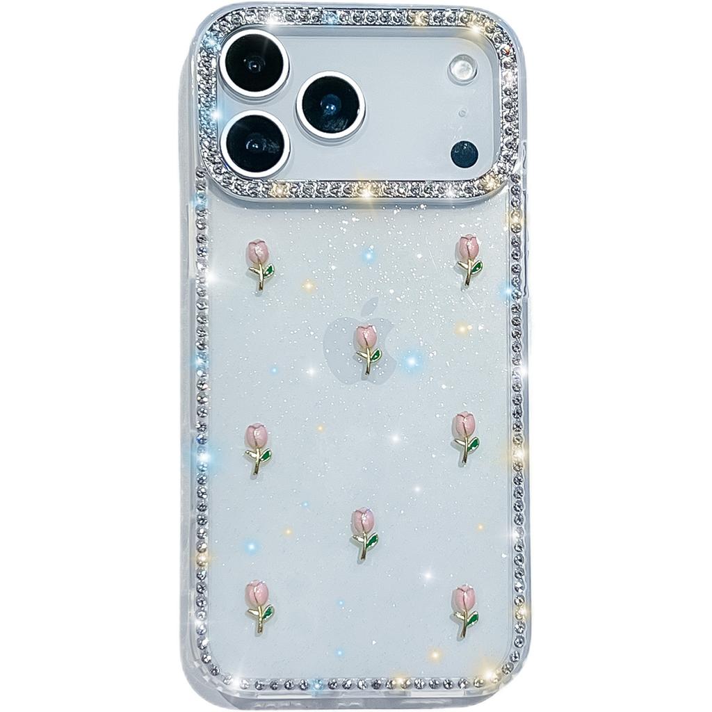 Handmade Sparkly Diamond Tulip IMD Phone Case, Compatible with iPhone 13-17 Series
