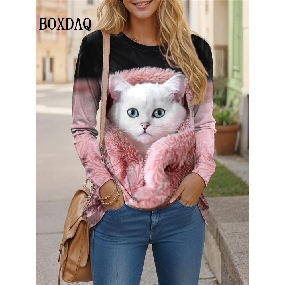 Contrast Color Classic Black White Cat Print T Shirt Women Cute Fashion Long Sleeve Tops Oversized Casual Streetwear Loose Shirt