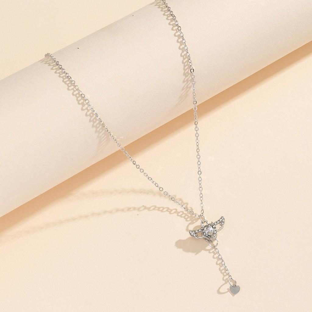 Y2K Crystal Zircon Heart Pendant Necklace Angel Wing Elegant Clavicle Chain