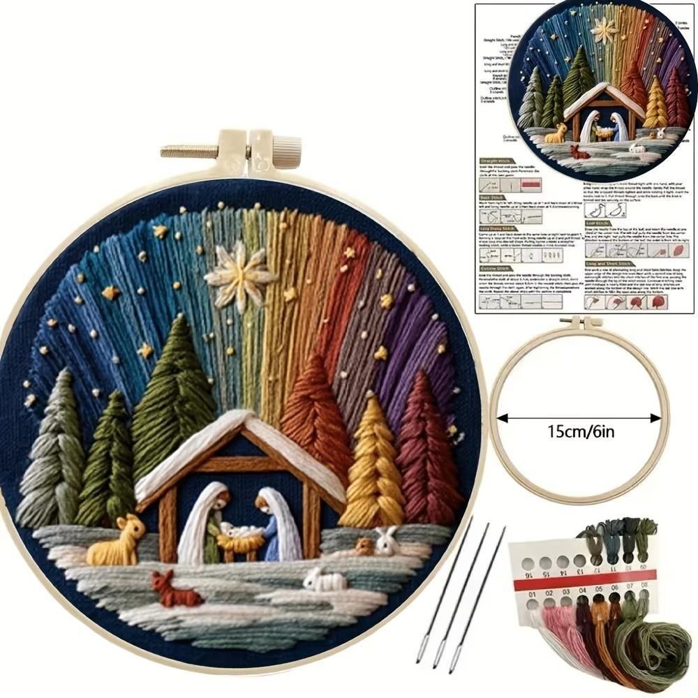 DIY Material Nativity Embroidery Set Pre-printed Pattern on Cloth with EN Instructions, Thread Christmas Embroidery Kit