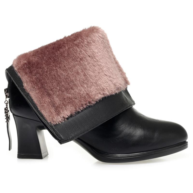 6cm Fashion Elegant Mid Calf Soft Leather Boots Women's Ankle Boots Winter 2025 Med Block Heels Short Fur Motorcycle Boots