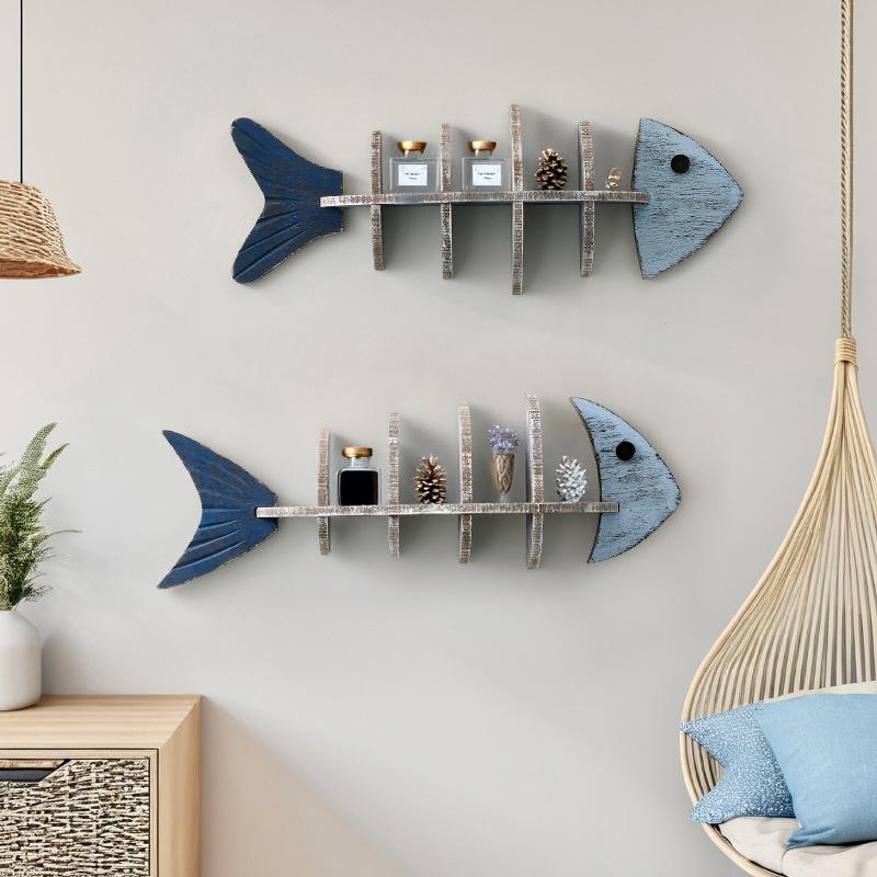 Nordic Style Wall Wooden Fish Row Shelf Cafe Living Room Decorative Pendant Wall Baffle Bookshelf Home Decoration Accessories