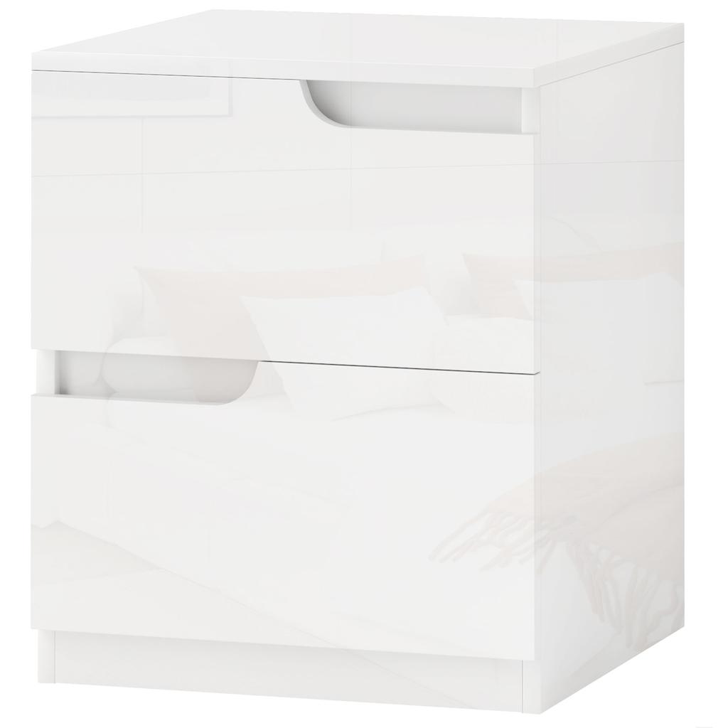 Modern Wooden Bedside Table with 2 Drawers and Glossy Design, 40x40x48 Cm, White