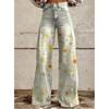 Women's Light Wash Daisy Print High Waist Wide Leg Jeans