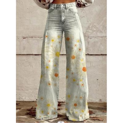 Women's Light Wash Daisy Print High Waist Wide Leg Jeans