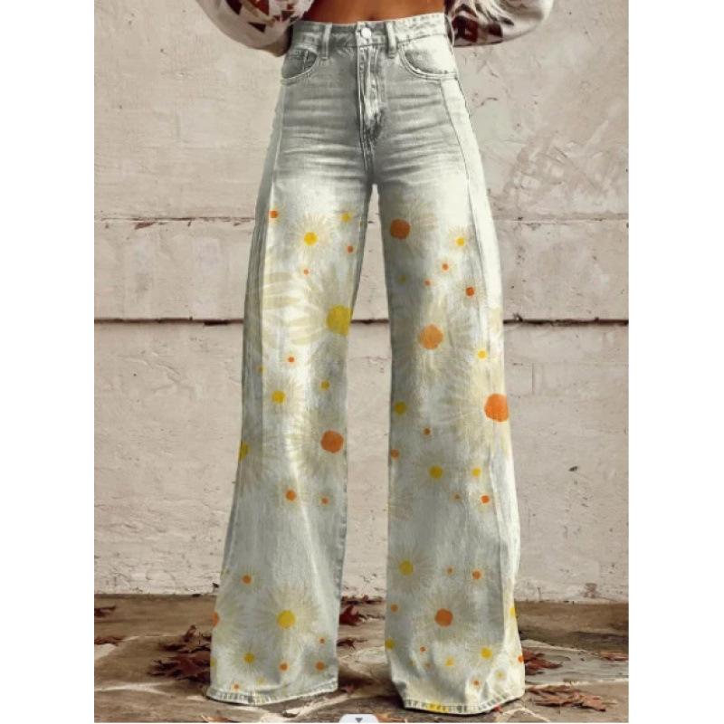 Women s Light Wash Daisy Print High Waist Wide Leg Jeans S