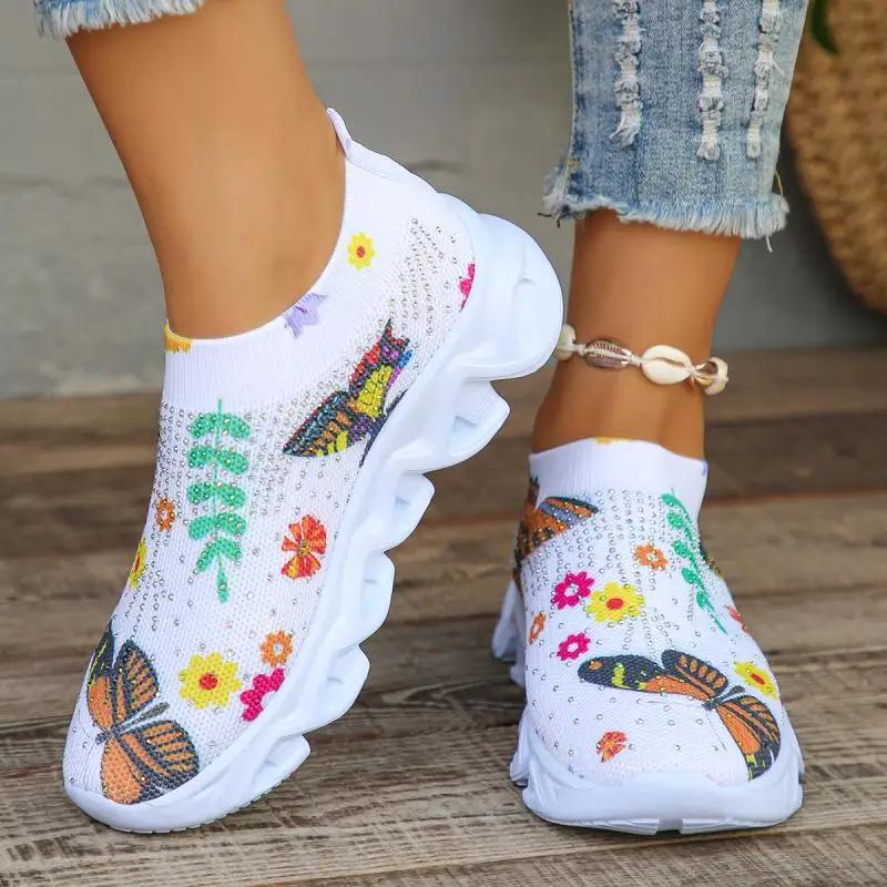 Multi Color Floral Print Chunky Heel Sneakers Women Rhineshion Mesh Sport Shoes Thick Platform Soft Comfort Woman Shoes