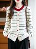 CHAO Stylish Preppy Striped Wool Cardigan - Single-Breasted, Round Neck, Double-Ply Thick Knit