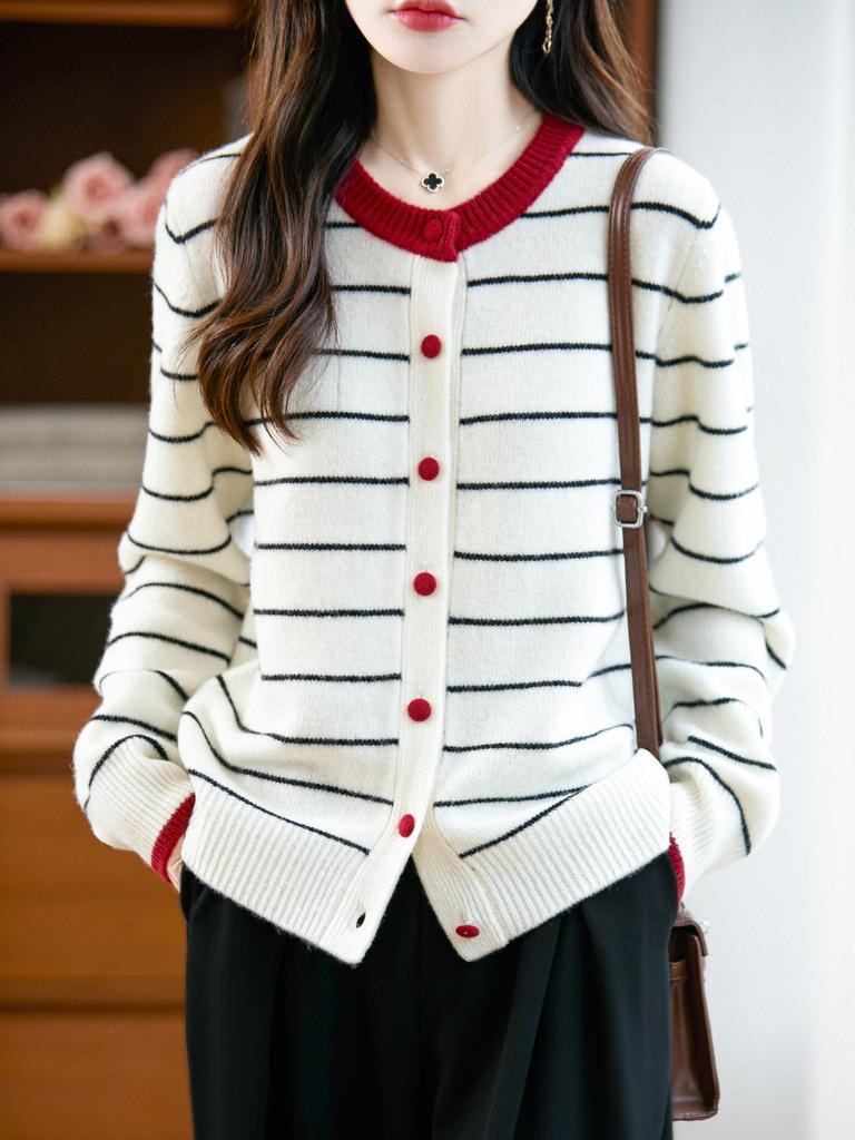 CHAO Stylish Preppy Striped Wool Cardigan - Single-Breasted, Round Neck, Double-Ply Thick Knit
