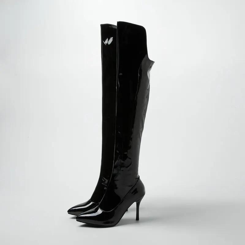 Fashion Super high heel heel women's boots patent leather bright leather shoes winter high leg over knee boots steel tube dancing shoes