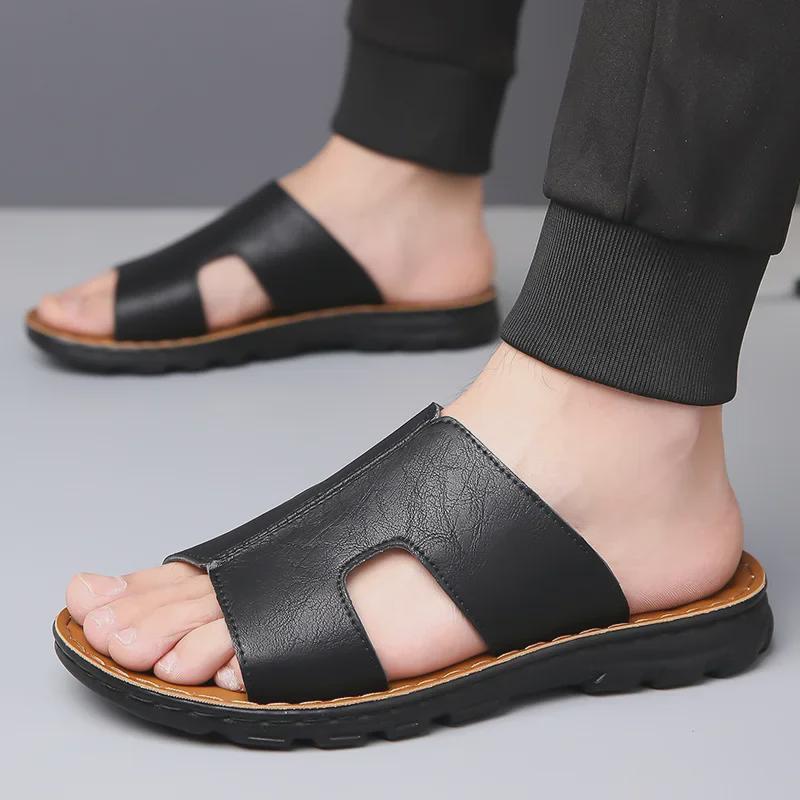 Men's Genuine Leather Summer Slippers: Handmade, Non-Slip Flip Flops with Soft Full Cowhide and Cushioning Sole.
