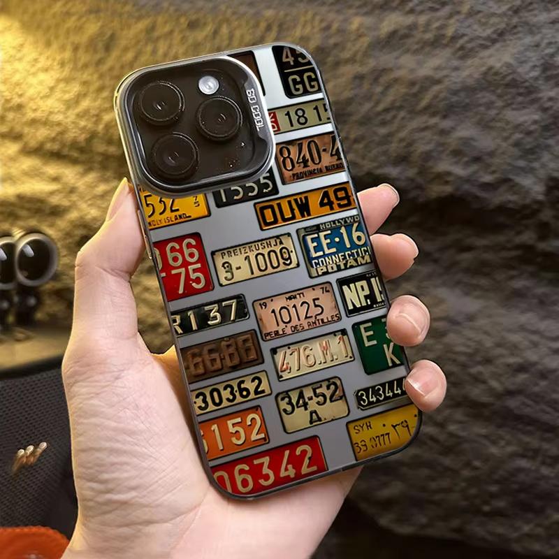 Motif Plaque d'immatriculation de voiture vintage Argent électroplaqué Coque de téléphone IMD Pour iPhone 11 12 13 14 15 16 Pro Max 7 8 Plus X XS XR Housse