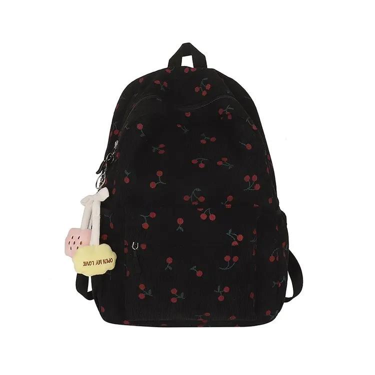 Corduroy Rugzak Kersenpatroon Dames Reizen Dagrugzak Verstelbare Riem Laptoprugzak Rits voor Werk Winkelen School mochilas no pendant